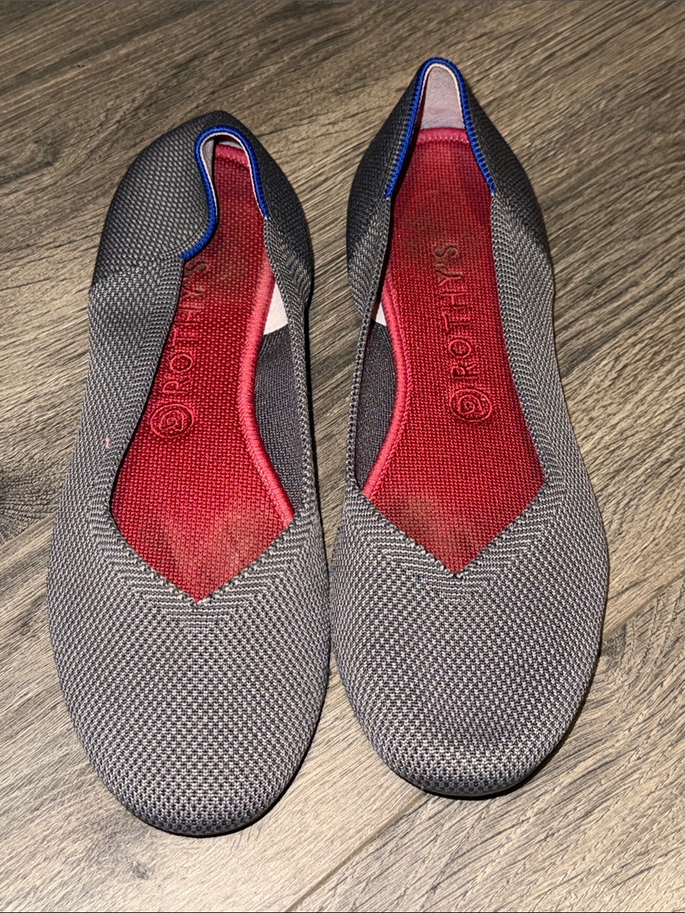 Rothy's Gray Knit Ballet Flats with Red Insole and Blue Trim